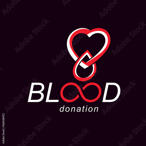 Blood donation inscription isolated on white and created with vector red blood drops, heart shape and infinity symbol. Medical theme graphic logo for use in charitable organizations.