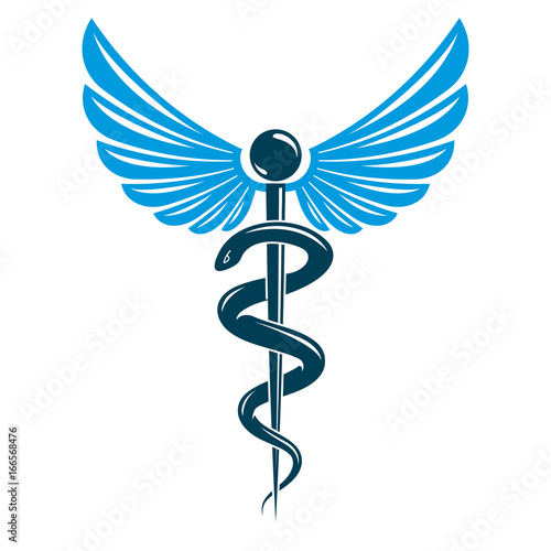 Aesculapius vector abstract emblem composed using wings and snakes best for used in pharmacy advertisement.