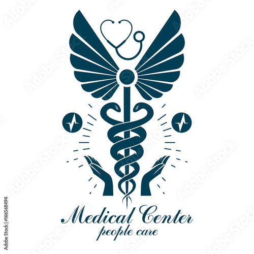 Caduceus vector conceptual logo made using heart shape and an ecg chart. Cardio rehabilitation center vector logotype for use in healthcare business.