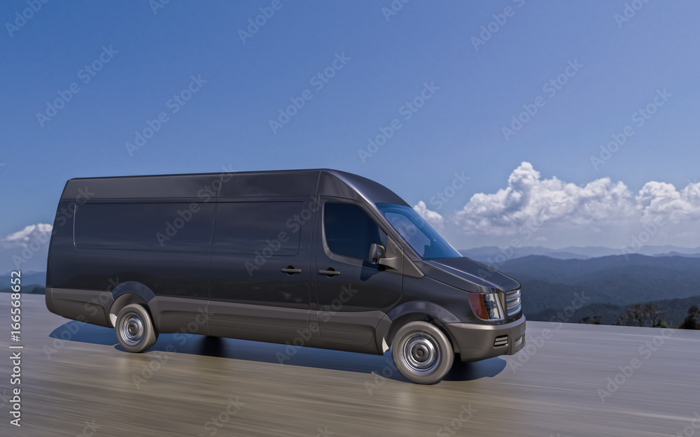 Black Commercial Van on Highway Motion Blurred 3d Illustration