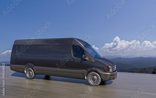 Black Commercial Van on Highway Motion Blurred 3d Illustration