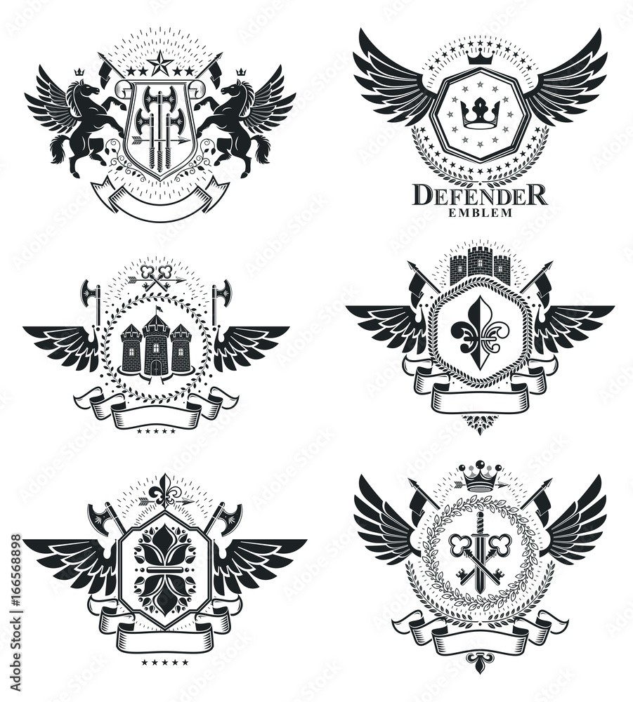 Fototapeta premium Vintage decorative emblems compositions, heraldic vectors. Classy high quality symbolic illustrations collection, vector set.