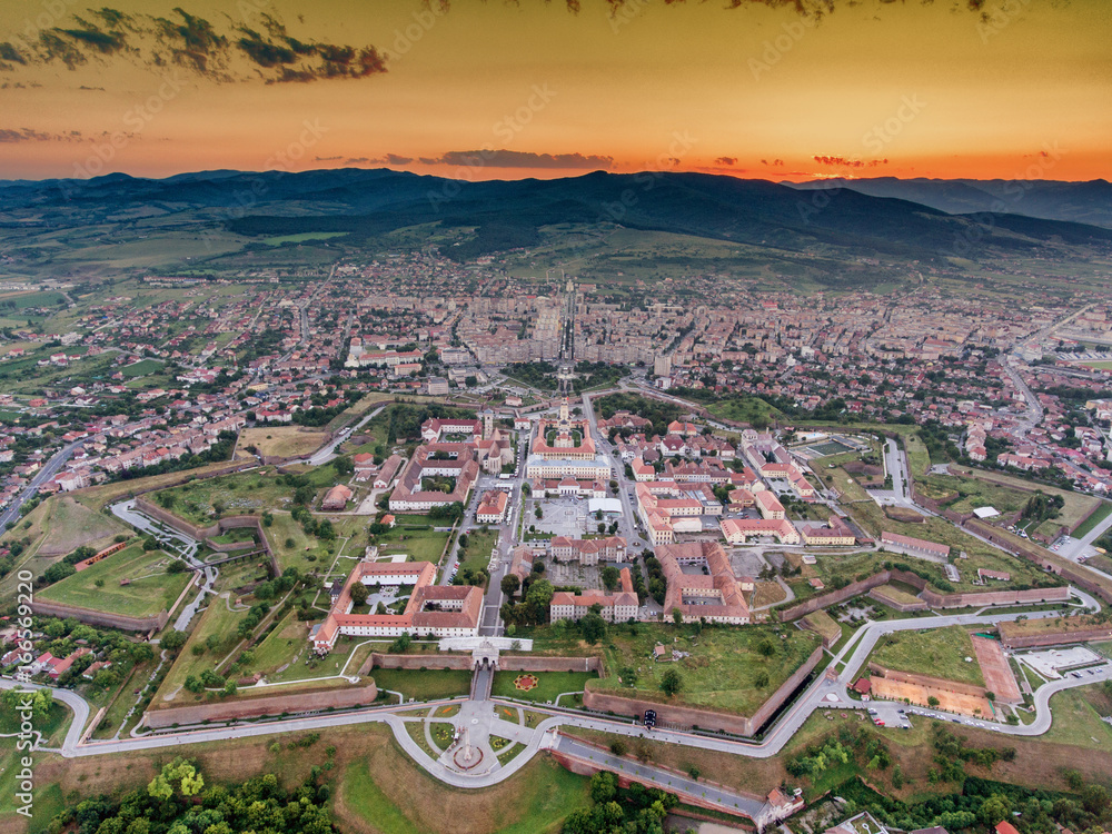 Alba Iulia medieval fortress aerial view at sunset