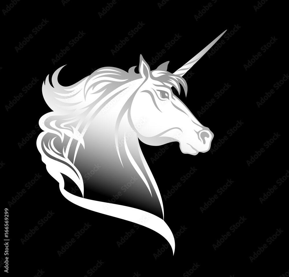 Fototapeta biały jednorożec koń głowa profil na czarny wektor wzór
