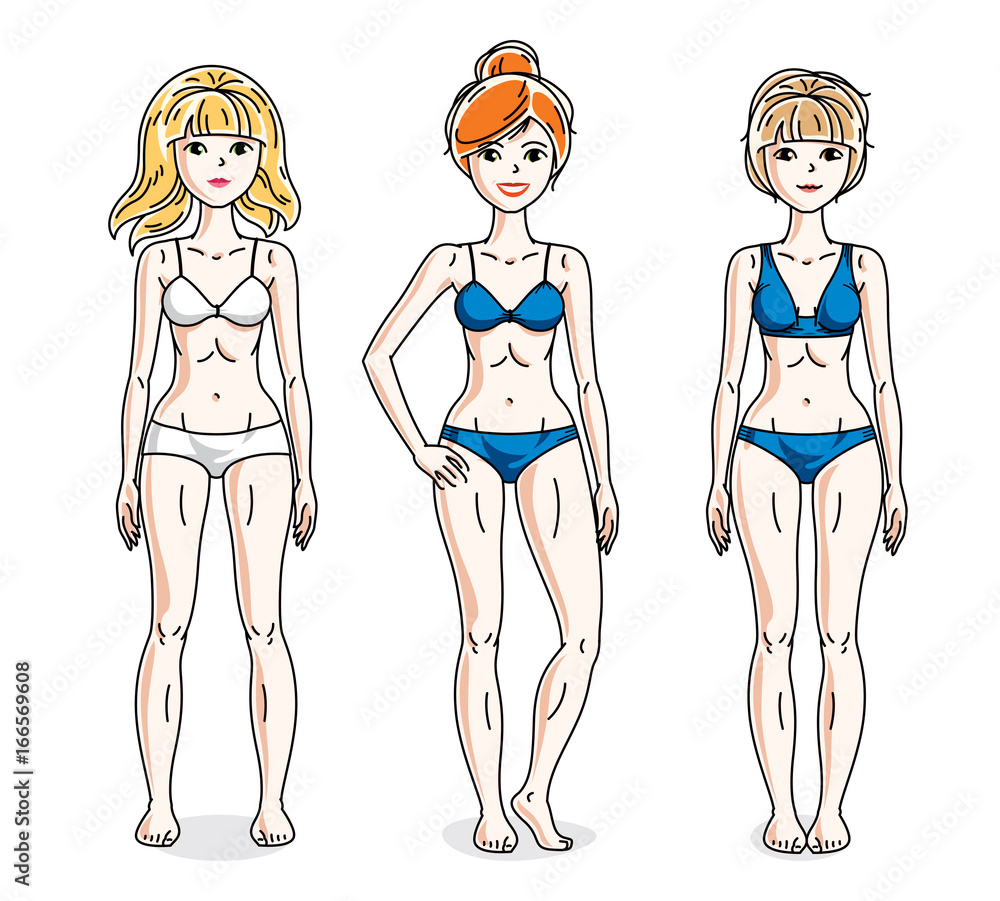 Happy cute young women standing wearing colorful bikini. Vector set of beautiful people illustrations. Happy cute young women standing wearing colorful bikini. Vector set of beautiful people illustrations.