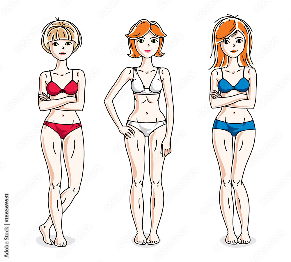 Attractive young women group standing wearing colorful bikini. Vector people illustrations set. Attractive young women group standing wearing colorful bikini. Vector people illustrations set.