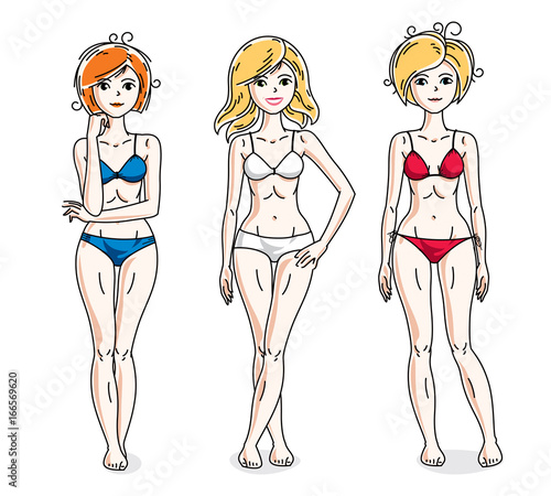 Young beautiful women standing wearing colorful bikini. Vector diversity people illustrations set.