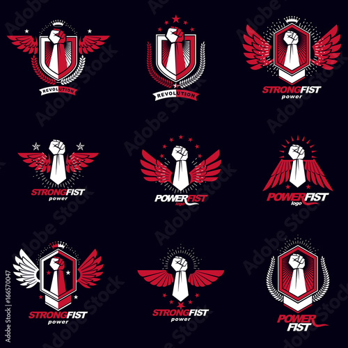 Vector illustrations collection made using raised fist of active strong person, eagle wings, laurel wreath and different graphic elements. Boxing association logos.