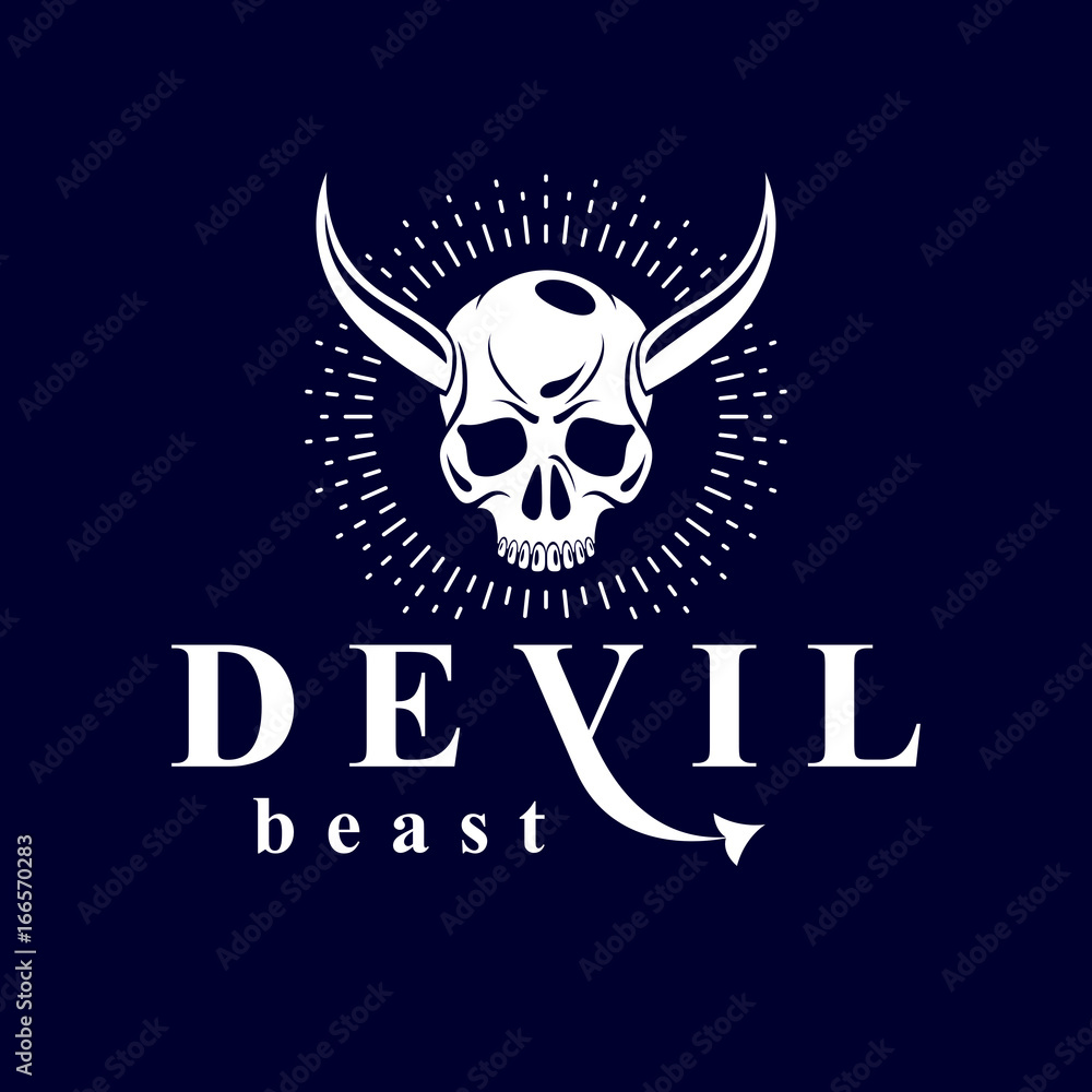 Vector scary scull graphic illustration. Demonic infernal creature, horned wicked Baphomet vector symbol.