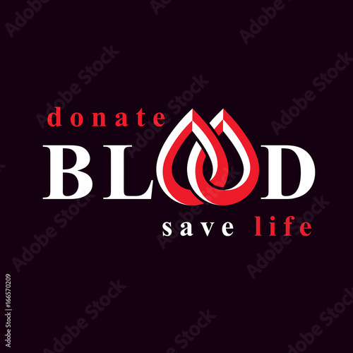 Blood donation inscription isolated on white. Vector red blood drops. The 14 June, world blood donor day. Medical theme graphic symbol.