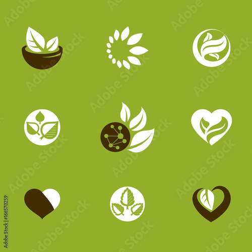 Phytotherapy metaphor, vector graphic emblems collection. Vegetarian lifestyle conceptual illustrations.
