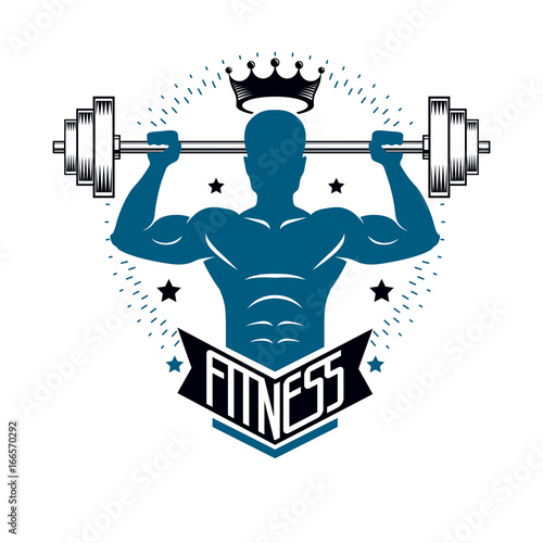 Bodybuilding weightlifting gym logotype sport club, retro style vector emblem. With sportsman silhouette.