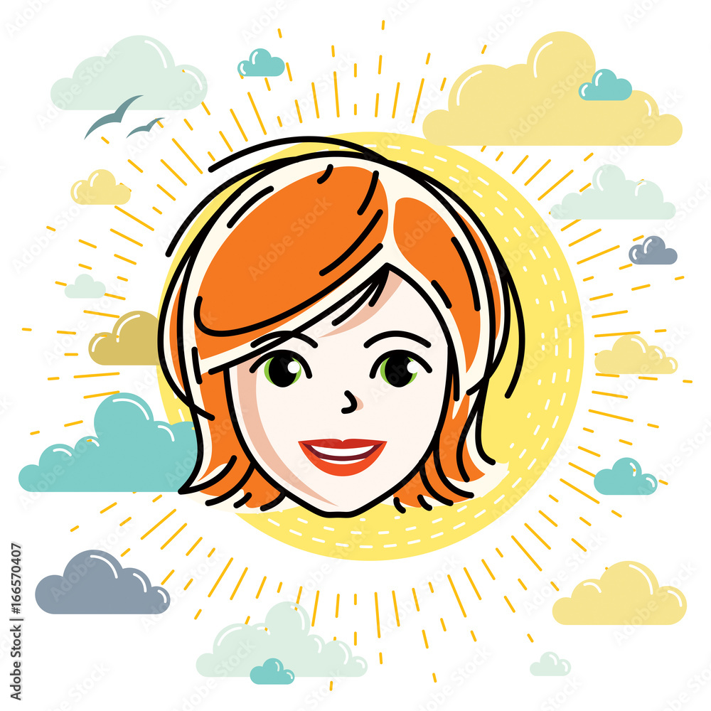 Vector illustration of beautiful red-haired female face, positive face features, clipart. Vector illustration of beautiful red-haired female face, positive face features, clipart.