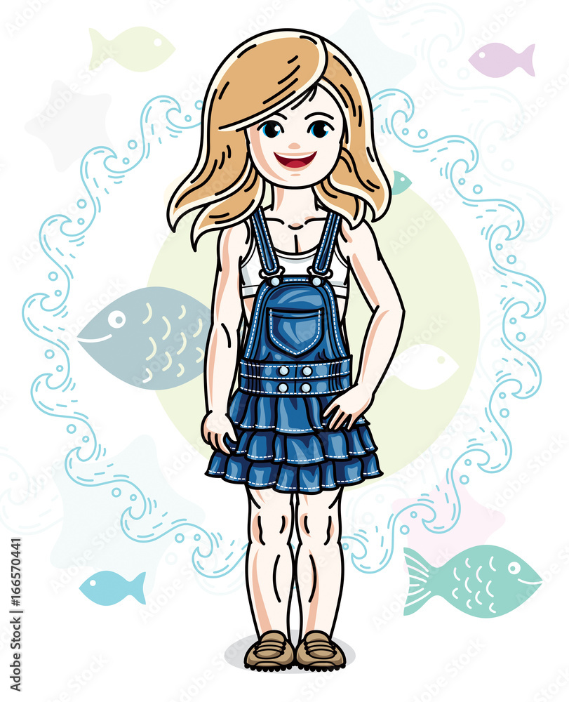 Little blonde girl cute child toddler in casual clothes standing on marine backdrop with ocean and fishes. Vector pretty human illustration. Little blonde girl cute child toddler in casual clothes standing on marine backdrop with ocean and fishes. Vector pretty human illustration.