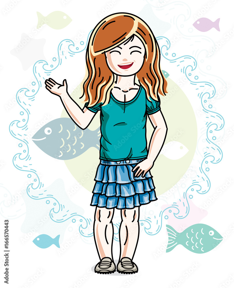 Little redhead girl toddler standing in fashionable casual clothes. Vector kid illustration. Sea fauna theme. Little redhead girl toddler standing in fashionable casual clothes. Vector kid illustration. Sea fauna theme.