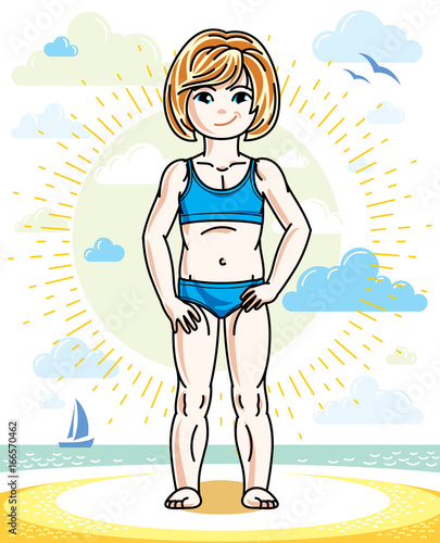 Little redhead girl cute child toddler standing on beach in colorful swimsuit. Vector pretty nice human illustration. Summertime and vacation theme.