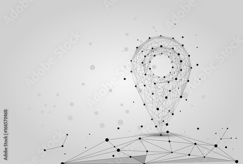 Abstract polygonal line and point pin on white background above the map. Business mash illustration.