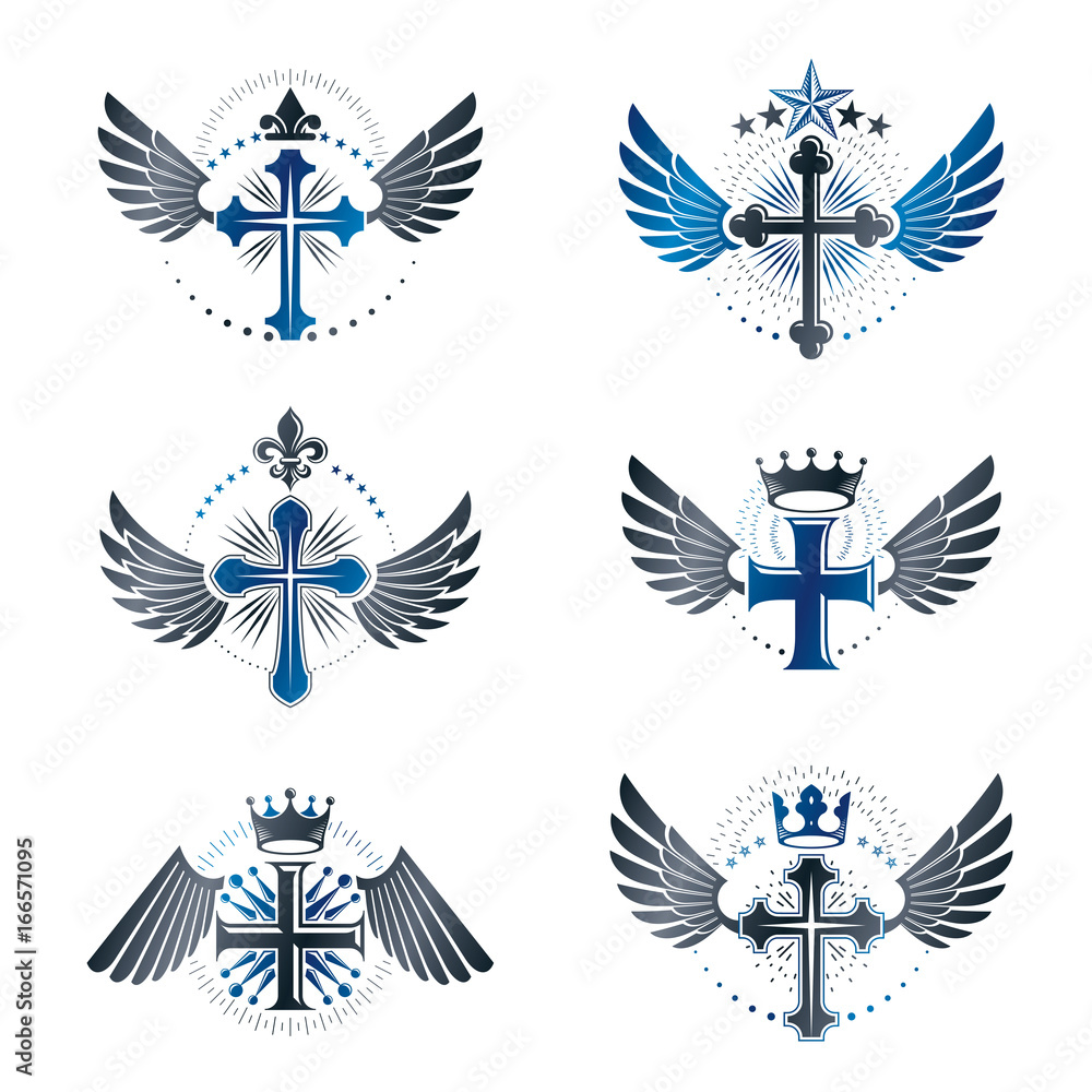 Crosses Religious emblems set. Heraldic Coat of Arms, vintage vector
