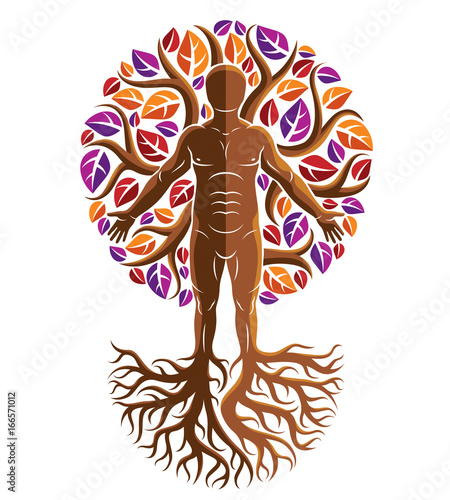 Vector graphic illustration of muscular human, self made using tree roots and surrounded with autumn leaves. Living in harmony with nature, environment protection concept.