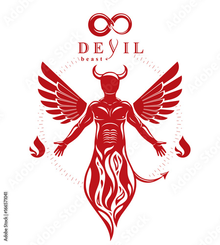 Vector individual, mystic character made with wings and emerging from fire. Demonic infernal creature, horned wicked Lucifer.