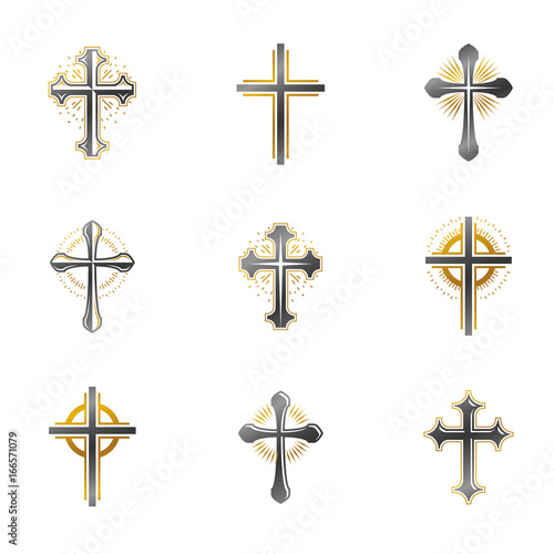 Crosses of Christianity emblems set. Heraldic vector design elements collection. Retro style label, heraldry logo.