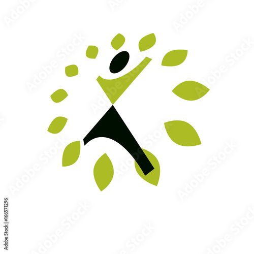 Vector illustration of happy abstract human with reaching up. Go green idea creative logo. Vegetarian theme icon. Wellness and harmony symbol.