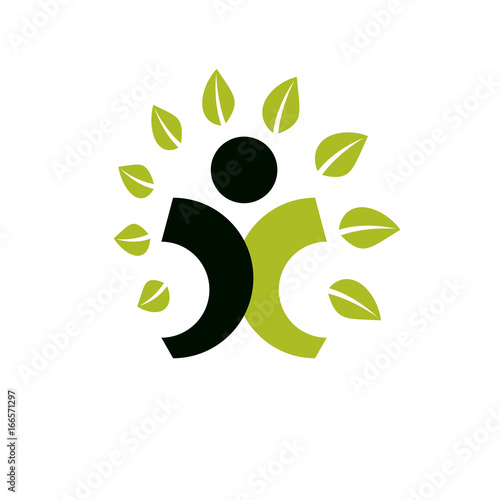 Vector illustration of happy abstract human with reaching up. Go green idea creative logo. Vegetarian theme logotype. Wanderlust and countryside vacation icon.