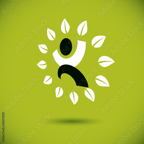 Vector illustration of excited abstract person with raised hands up. Go green idea creative logo. Healthy lifestyle metaphor. Environmental conservation theme symbol.