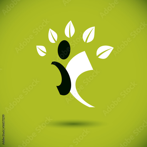 Vector illustration of happy abstract human with reaching up. Go green idea creative logo. Healthy lifestyle metaphor. Environmental conservation theme symbol.
