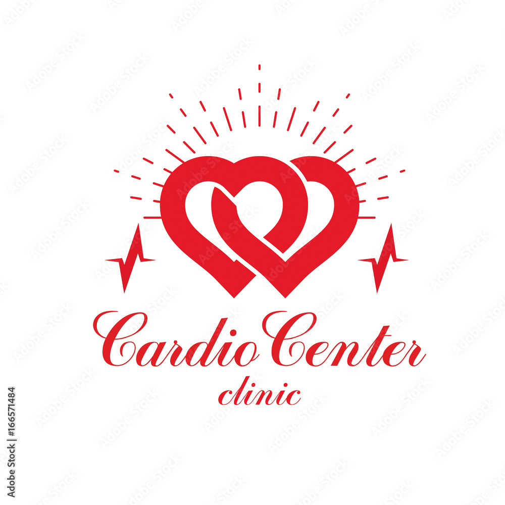 Cardiology vector conceptual logo created with red heart shape and an ecg chart. Cardiovascular illness treatment concept for use as cardio center emblem.