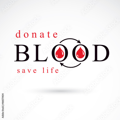 Blood donation vector symbol created with red blood drops and arrows. Blood transfusion metaphor, medical care emblem.