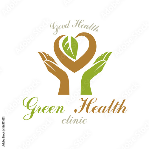 Caring hands holding heart, vector graphic symbol. Homeopathy creative logo. Charity and volunteer concept.