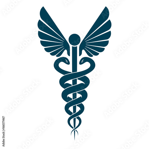 Aesculapius vector abstract emblem composed using wings and snakes best for used in pharmacy advertisement.