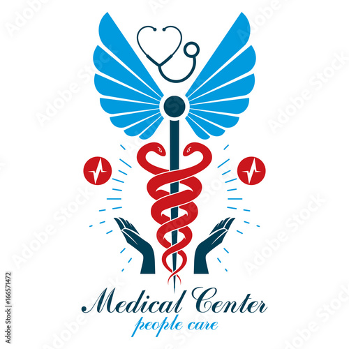 Caduceus vector conceptual logo made using heart shape and an ecg chart. Cardio rehabilitation center vector logotype for use in healthcare business.