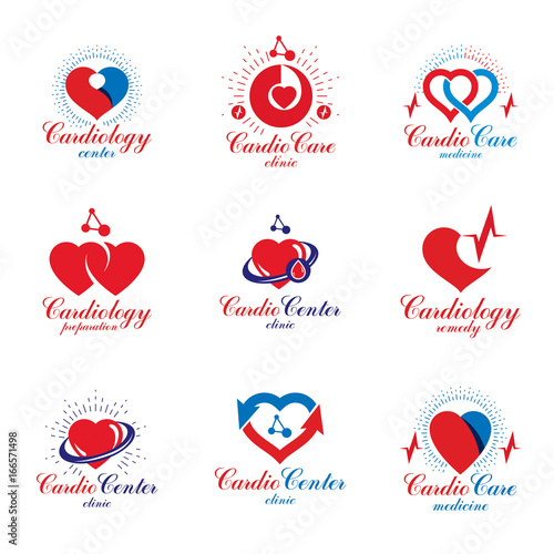 Heart shapes composed using pulsating electrocardiograms and futuristic mesh connections. Cardio center graphic vector logotypes collection for use in pharmacy.