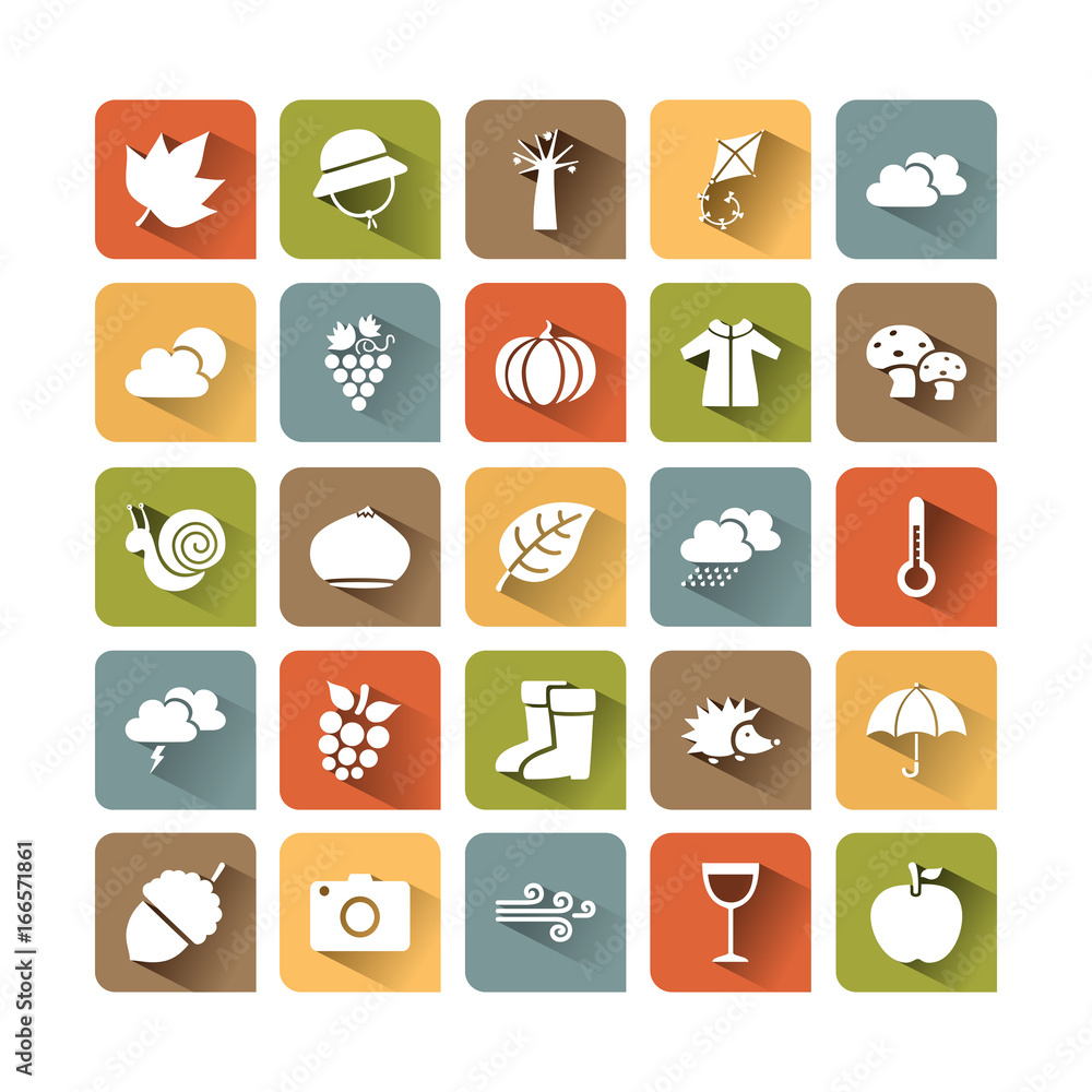 Autumn icon set on colored squares with shade Autumn icon set on colored squares with shade