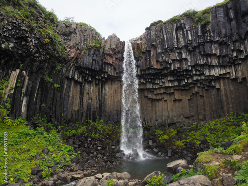 waterfall in Iceland, with columnar basalt