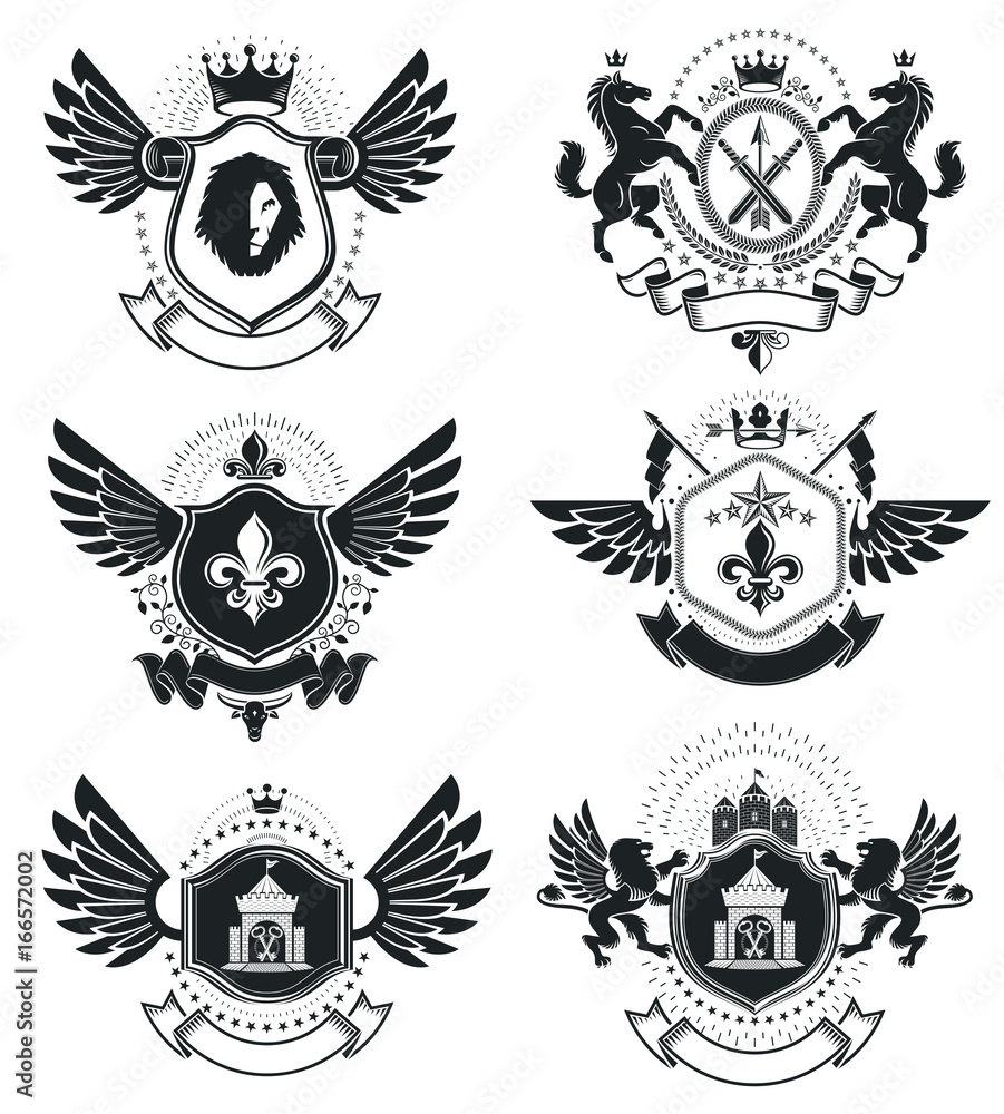 Luxury heraldic vectors emblem templates. Vector blazons. Classy high quality symbolic illustrations collection. Luxury heraldic vectors emblem templates. Vector blazons. Classy high quality symbolic illustrations collection.