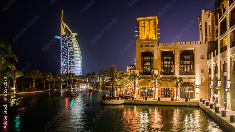 Cityscape of Jumeirah beach with Burj El Arab Hotel. Dubai, United Arab Emirates