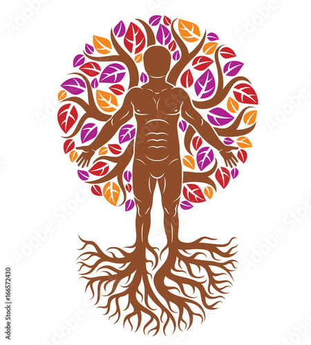 Vector athletic man created as continuation of tree with strong roots and organic autumn leaves. Wanderlust and countryside vacation idea, natural lifestyle.