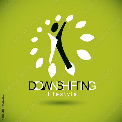Vector illustration of excited abstract person with raised hands up. Downshifting concept logo. Vegetarian theme symbol. Green ecology metaphor.