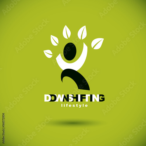 Vector illustration of happy abstract human with reaching up. Downshifting concept logo. Wanderlust and countryside vacation icon. Green ecology metaphor.