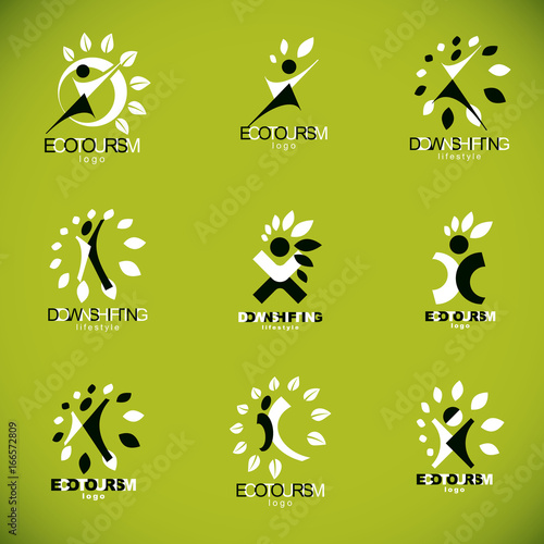 Set of vector illustrations of excited abstract person with raised hands up. Vegetarian theme logo for use in medical and social theme advertisement.