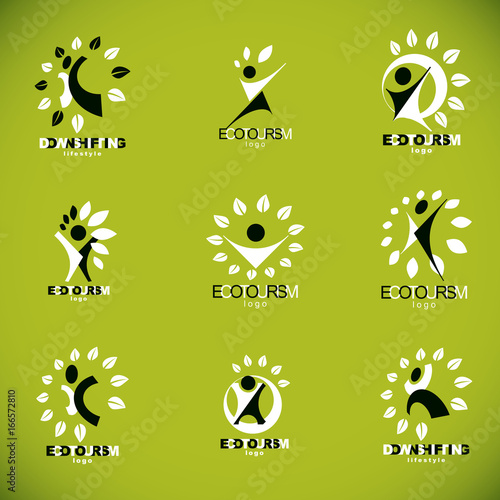 Collection of vector illustrations of happy abstract human with raised hands up. Downshifting concept graphic icon.