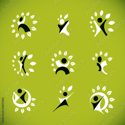 Vector illustrations set, excited abstract person with raised hands up. Restoring to health conceptual vector logo.