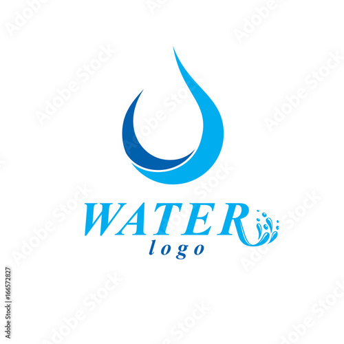 Vector blue clear water drop logotype for use as marketing design symbol. Human and nature coexistence concept.