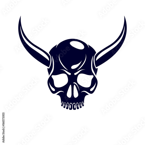 Vector scary scull graphic illustration. Demonic infernal creature, horned wicked Baphomet vector symbol.