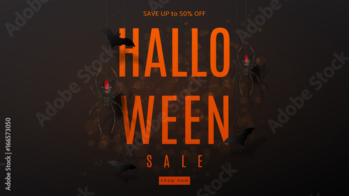 Dark web banner for halloween sale. Festive card with spiders on spider web. Vector illustration with paper bats.
