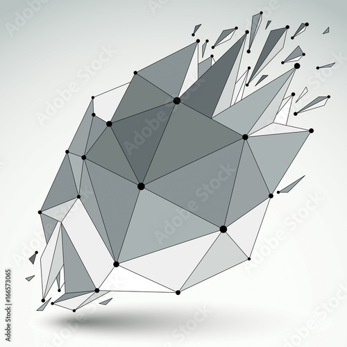 Abstract vector low poly wrecked object with black lines and dots connected. 3d origami futuristic form with lines mesh.