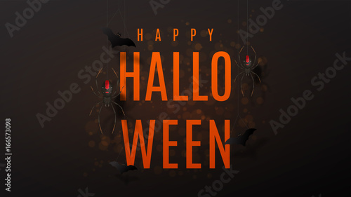 Beautiful black greeting web banner for halloween. Festive background with realistic spiders on spider web. Vector illustration with paper bats.
